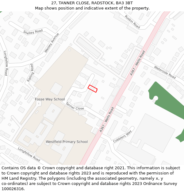 27, TANNER CLOSE, RADSTOCK, BA3 3BT: Location map and indicative extent of plot