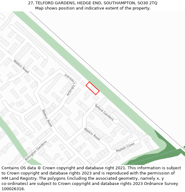 27, TELFORD GARDENS, HEDGE END, SOUTHAMPTON, SO30 2TQ: Location map and indicative extent of plot