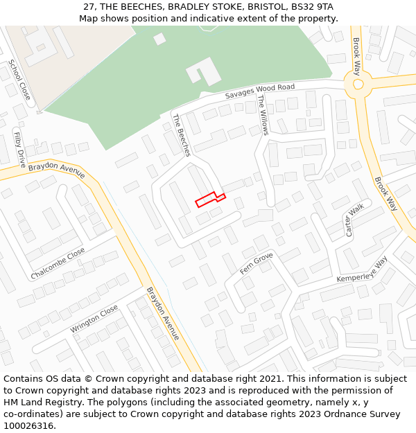 27, THE BEECHES, BRADLEY STOKE, BRISTOL, BS32 9TA: Location map and indicative extent of plot