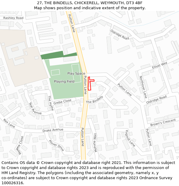 27, THE BINDELLS, CHICKERELL, WEYMOUTH, DT3 4BF: Location map and indicative extent of plot