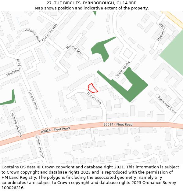 27, THE BIRCHES, FARNBOROUGH, GU14 9RP: Location map and indicative extent of plot