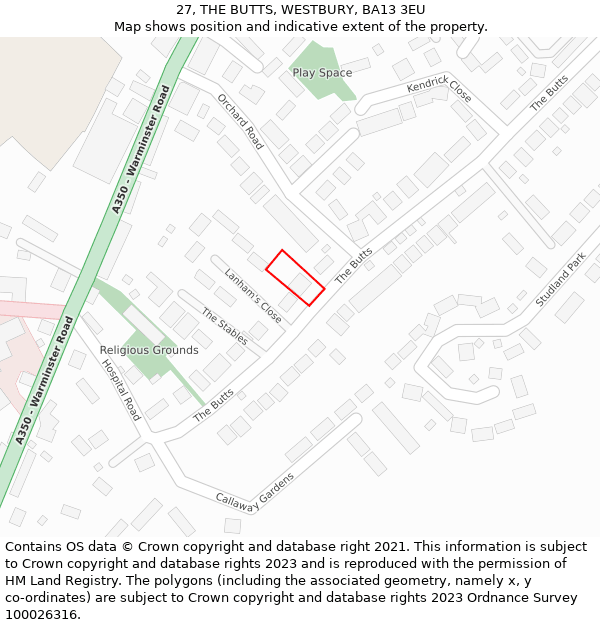 27, THE BUTTS, WESTBURY, BA13 3EU: Location map and indicative extent of plot