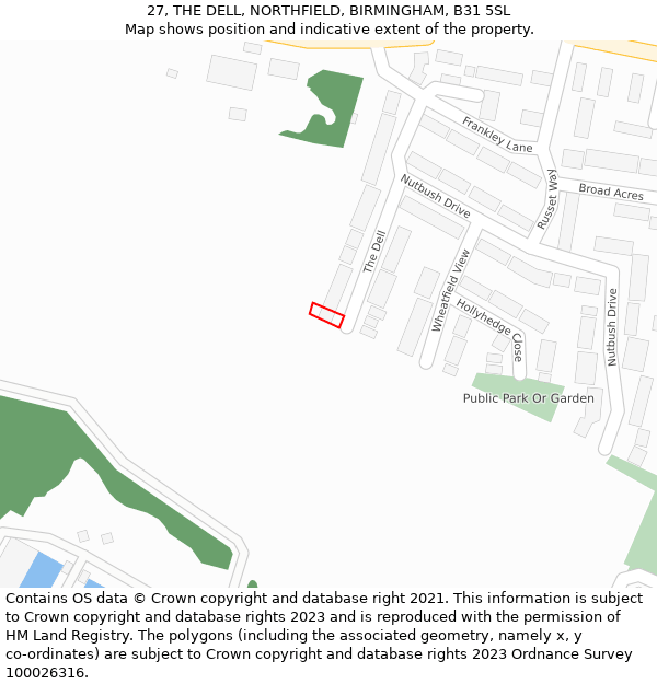 27, THE DELL, NORTHFIELD, BIRMINGHAM, B31 5SL: Location map and indicative extent of plot