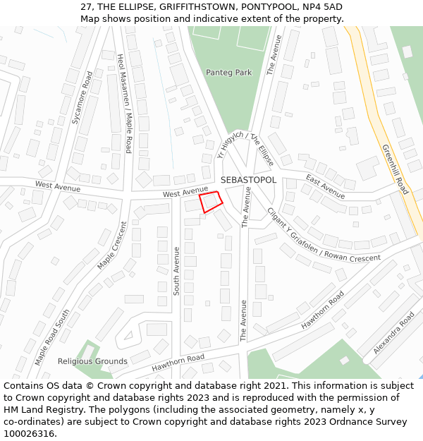 27, THE ELLIPSE, GRIFFITHSTOWN, PONTYPOOL, NP4 5AD: Location map and indicative extent of plot