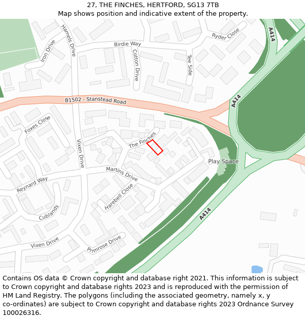 27, THE FINCHES, HERTFORD, SG13 7TB: Location map and indicative extent of plot