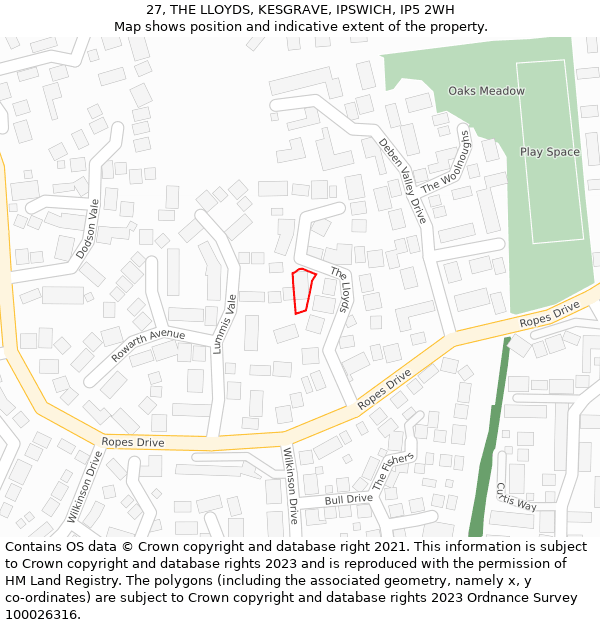 27, THE LLOYDS, KESGRAVE, IPSWICH, IP5 2WH: Location map and indicative extent of plot