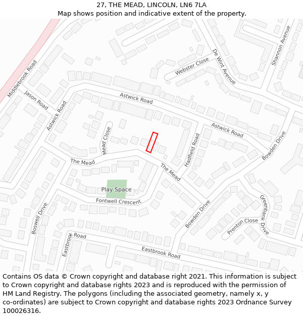 27, THE MEAD, LINCOLN, LN6 7LA: Location map and indicative extent of plot