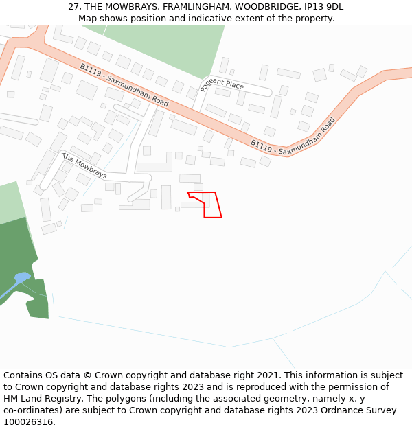 27, THE MOWBRAYS, FRAMLINGHAM, WOODBRIDGE, IP13 9DL: Location map and indicative extent of plot