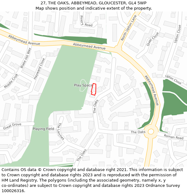 27, THE OAKS, ABBEYMEAD, GLOUCESTER, GL4 5WP: Location map and indicative extent of plot