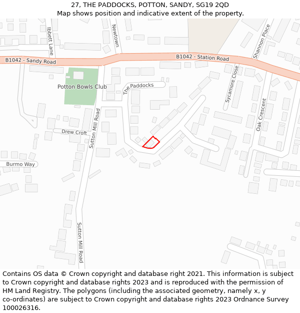 27, THE PADDOCKS, POTTON, SANDY, SG19 2QD: Location map and indicative extent of plot