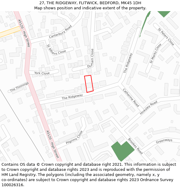 27, THE RIDGEWAY, FLITWICK, BEDFORD, MK45 1DH: Location map and indicative extent of plot