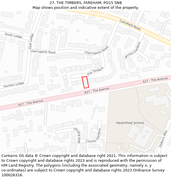 27, THE TIMBERS, FAREHAM, PO15 5NB: Location map and indicative extent of plot