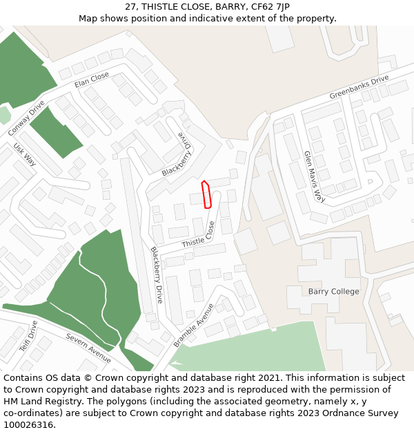 27, THISTLE CLOSE, BARRY, CF62 7JP: Location map and indicative extent of plot