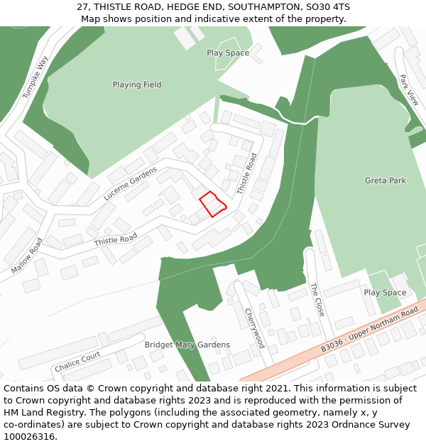 27, THISTLE ROAD, HEDGE END, SOUTHAMPTON, SO30 4TS: Location map and indicative extent of plot