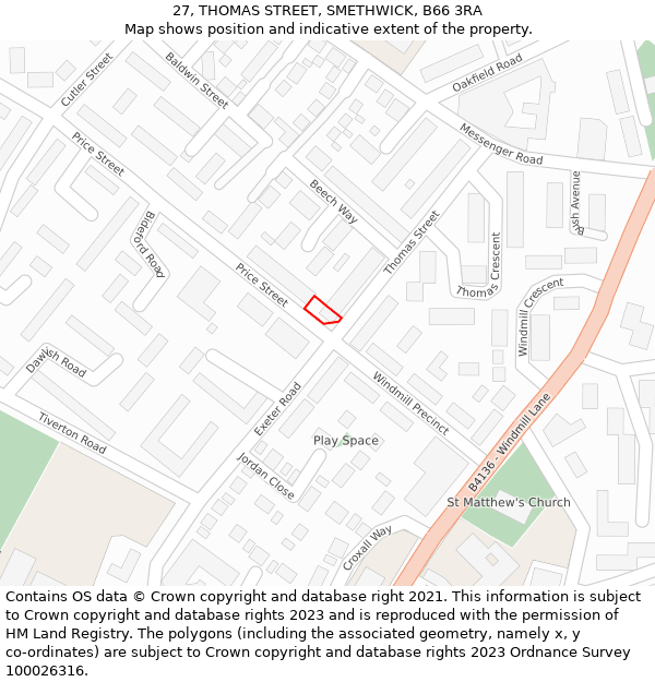 27, THOMAS STREET, SMETHWICK, B66 3RA: Location map and indicative extent of plot