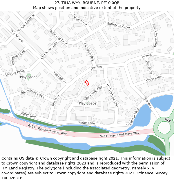 27, TILIA WAY, BOURNE, PE10 0QR: Location map and indicative extent of plot