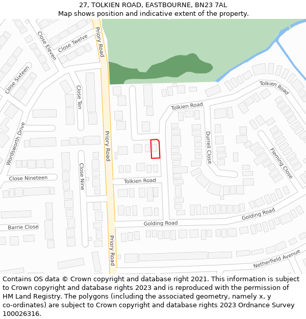 27, TOLKIEN ROAD, EASTBOURNE, BN23 7AL: Location map and indicative extent of plot