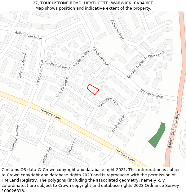 27, TOUCHSTONE ROAD, HEATHCOTE, WARWICK, CV34 6EE: Location map and indicative extent of plot