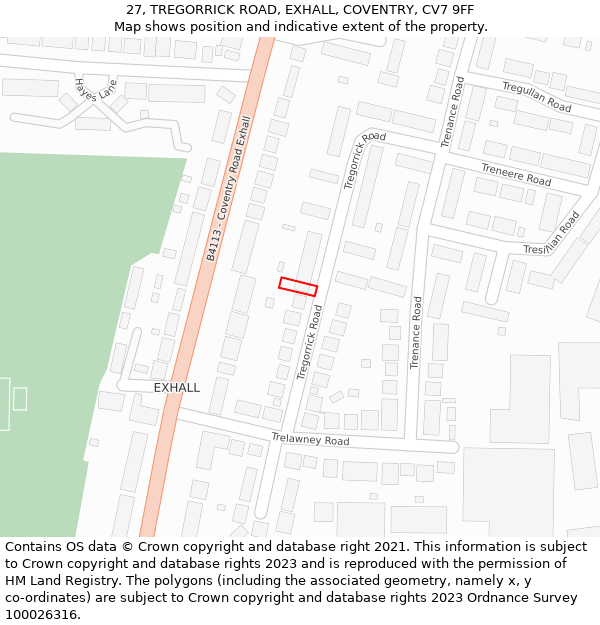 27, TREGORRICK ROAD, EXHALL, COVENTRY, CV7 9FF: Location map and indicative extent of plot