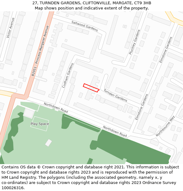 27, TURNDEN GARDENS, CLIFTONVILLE, MARGATE, CT9 3HB: Location map and indicative extent of plot