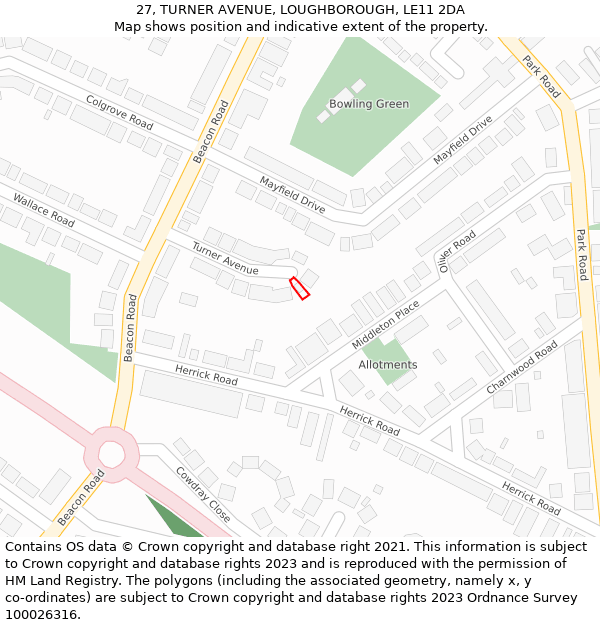 27, TURNER AVENUE, LOUGHBOROUGH, LE11 2DA: Location map and indicative extent of plot