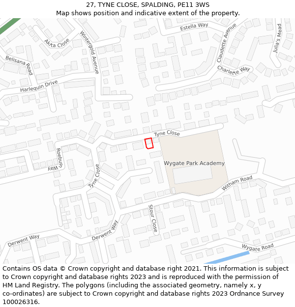 27, TYNE CLOSE, SPALDING, PE11 3WS: Location map and indicative extent of plot