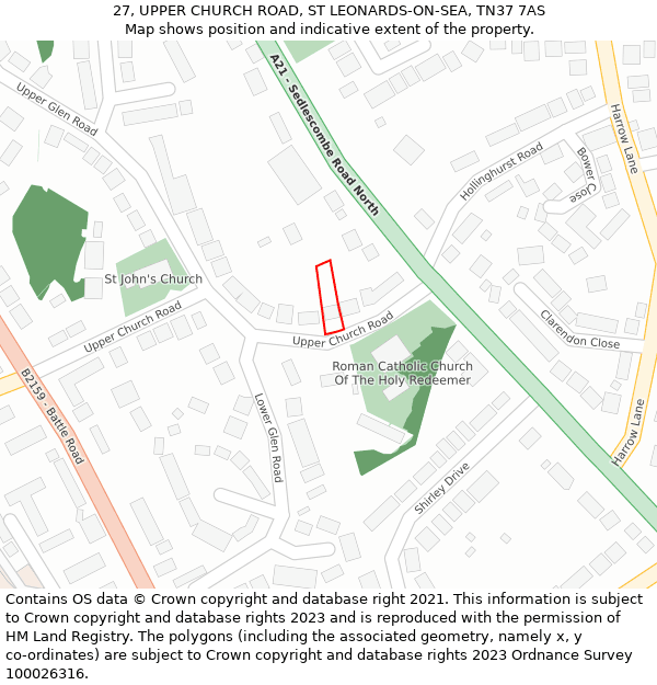 27, UPPER CHURCH ROAD, ST LEONARDS-ON-SEA, TN37 7AS: Location map and indicative extent of plot