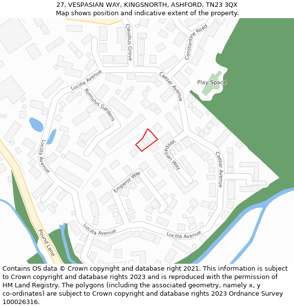 27, VESPASIAN WAY, KINGSNORTH, ASHFORD, TN23 3QX: Location map and indicative extent of plot