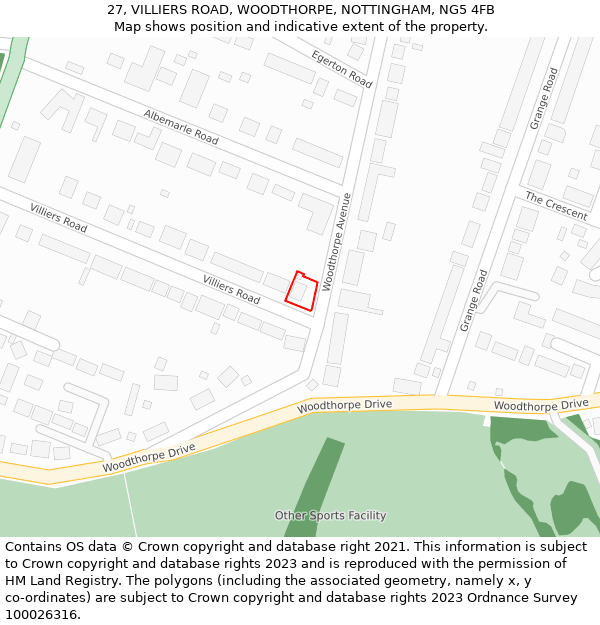 27, VILLIERS ROAD, WOODTHORPE, NOTTINGHAM, NG5 4FB: Location map and indicative extent of plot