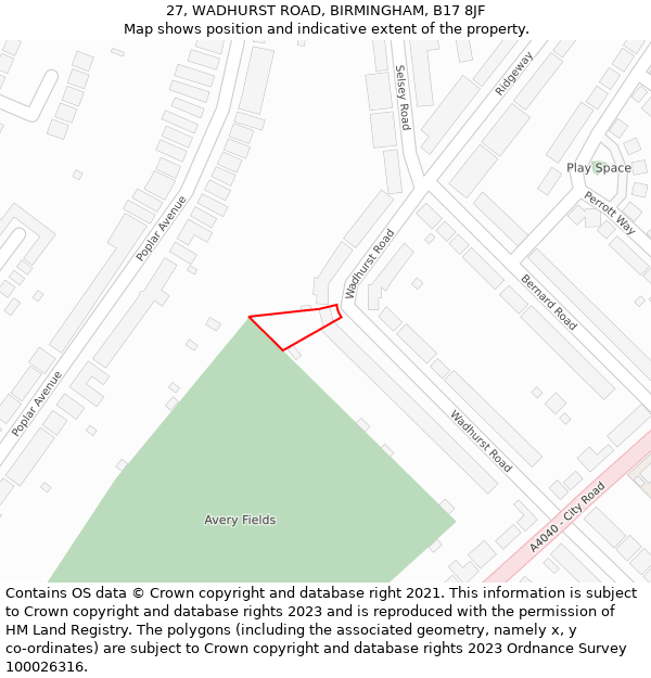 27, WADHURST ROAD, BIRMINGHAM, B17 8JF: Location map and indicative extent of plot