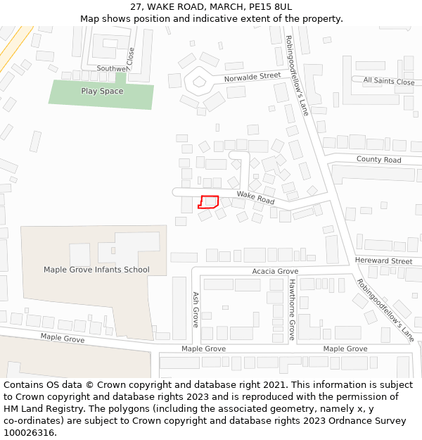 27, WAKE ROAD, MARCH, PE15 8UL: Location map and indicative extent of plot