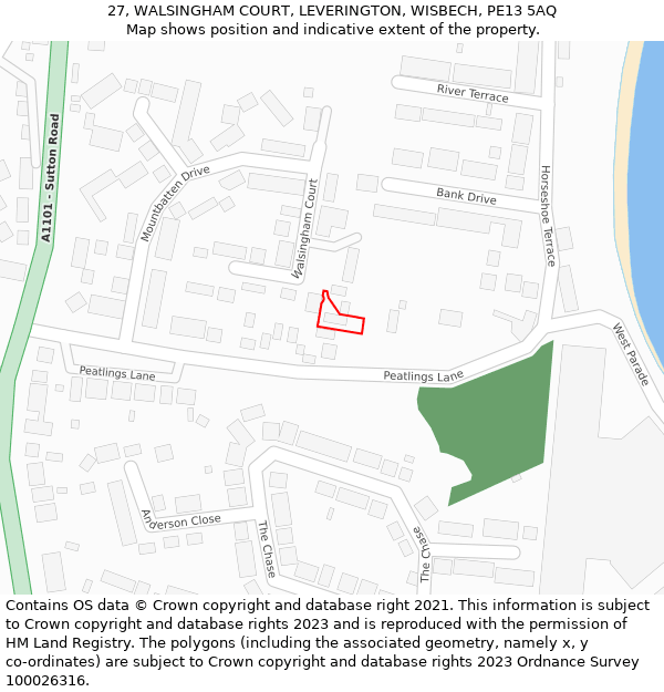 27, WALSINGHAM COURT, LEVERINGTON, WISBECH, PE13 5AQ: Location map and indicative extent of plot