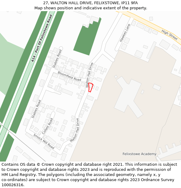 27, WALTON HALL DRIVE, FELIXSTOWE, IP11 9FA: Location map and indicative extent of plot
