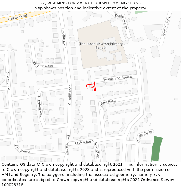 27, WARMINGTON AVENUE, GRANTHAM, NG31 7NU: Location map and indicative extent of plot