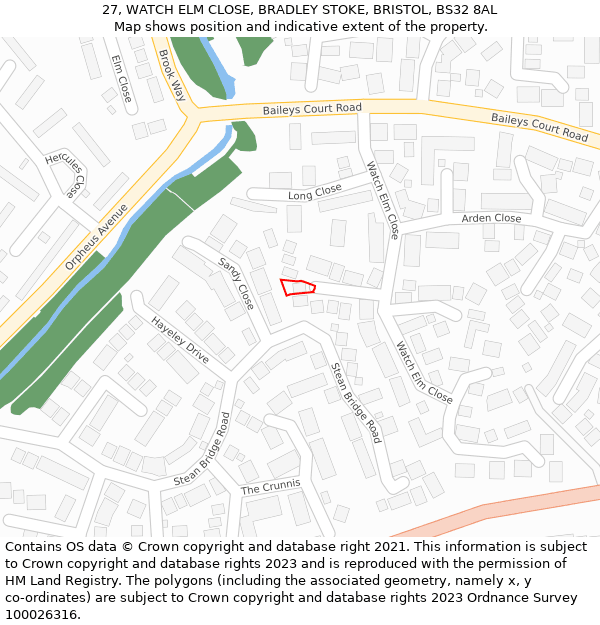 27, WATCH ELM CLOSE, BRADLEY STOKE, BRISTOL, BS32 8AL: Location map and indicative extent of plot