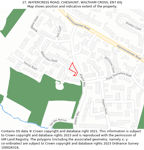 27, WATERCRESS ROAD, CHESHUNT, WALTHAM CROSS, EN7 6XJ: Location map and indicative extent of plot