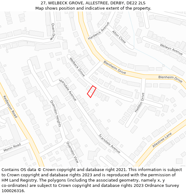 27, WELBECK GROVE, ALLESTREE, DERBY, DE22 2LS: Location map and indicative extent of plot