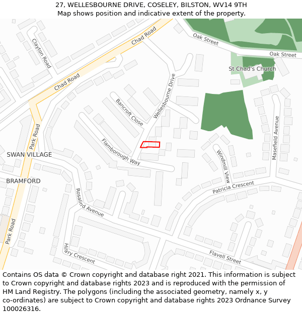 27, WELLESBOURNE DRIVE, COSELEY, BILSTON, WV14 9TH: Location map and indicative extent of plot