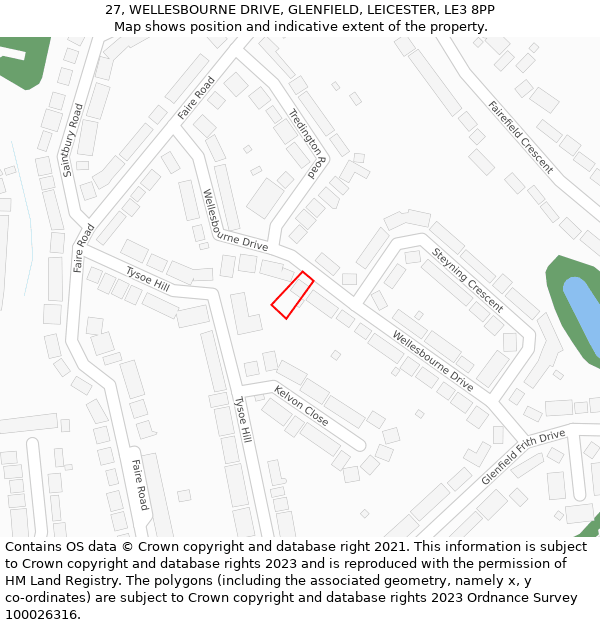27, WELLESBOURNE DRIVE, GLENFIELD, LEICESTER, LE3 8PP: Location map and indicative extent of plot