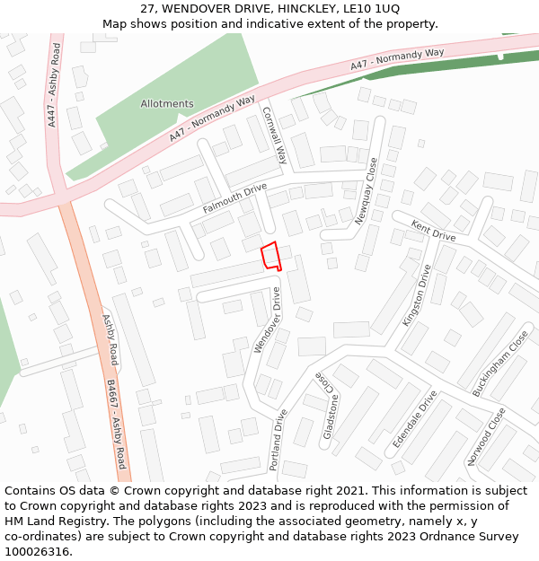 27, WENDOVER DRIVE, HINCKLEY, LE10 1UQ: Location map and indicative extent of plot