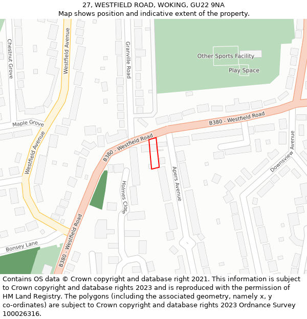 27, WESTFIELD ROAD, WOKING, GU22 9NA: Location map and indicative extent of plot