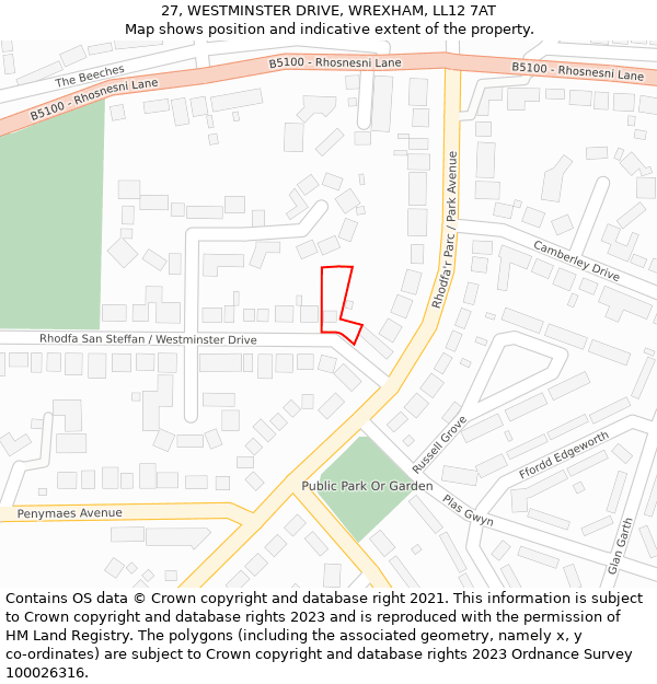 27, WESTMINSTER DRIVE, WREXHAM, LL12 7AT: Location map and indicative extent of plot