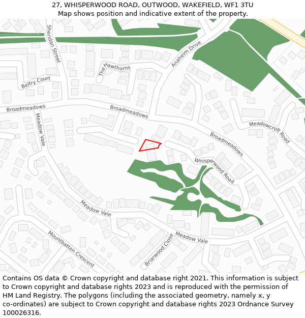 27, WHISPERWOOD ROAD, OUTWOOD, WAKEFIELD, WF1 3TU: Location map and indicative extent of plot