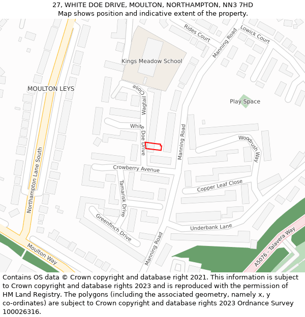 27, WHITE DOE DRIVE, MOULTON, NORTHAMPTON, NN3 7HD: Location map and indicative extent of plot