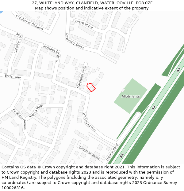 27, WHITELAND WAY, CLANFIELD, WATERLOOVILLE, PO8 0ZF: Location map and indicative extent of plot