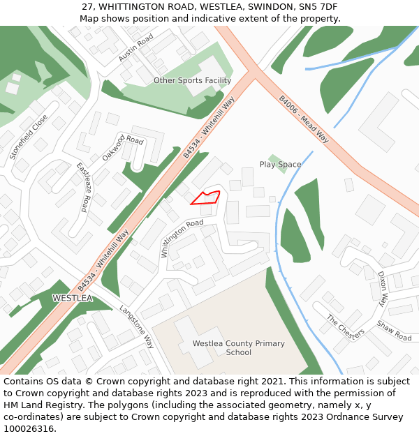 27, WHITTINGTON ROAD, WESTLEA, SWINDON, SN5 7DF: Location map and indicative extent of plot