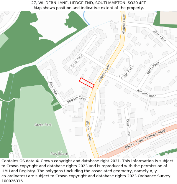 27, WILDERN LANE, HEDGE END, SOUTHAMPTON, SO30 4EE: Location map and indicative extent of plot