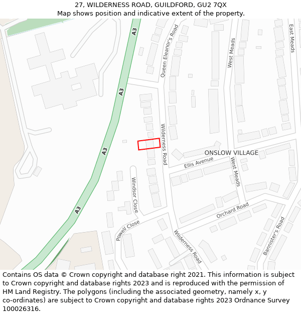 27, WILDERNESS ROAD, GUILDFORD, GU2 7QX: Location map and indicative extent of plot