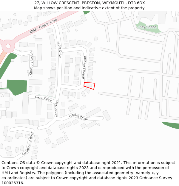 27, WILLOW CRESCENT, PRESTON, WEYMOUTH, DT3 6DX: Location map and indicative extent of plot