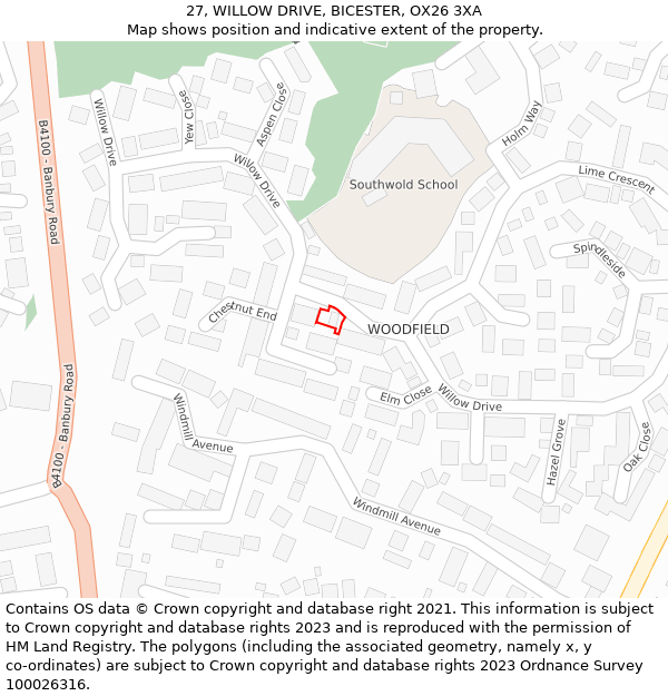 27, WILLOW DRIVE, BICESTER, OX26 3XA: Location map and indicative extent of plot